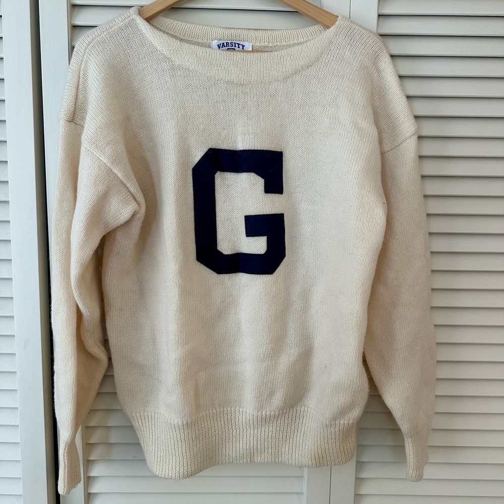 Vintage Varsity G Cream & Navy 100% Wool Sweater Size L